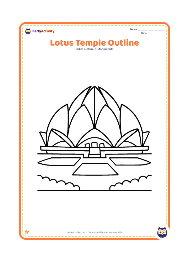 Colouring page: Show the Lotus Temple alone, centered and front-facing, with its large curved petals, entrance windows, a few surrounding pools, and a simple garden border. Leave the sky and ground…