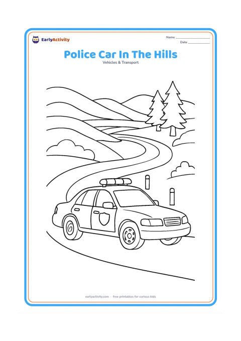 Colouring page: Draw a police car travelling along a winding hill road, shown from the side with detailed wheels, mirrors, roof lights and a plain door badge. Add layered hills, roadside posts with no…
