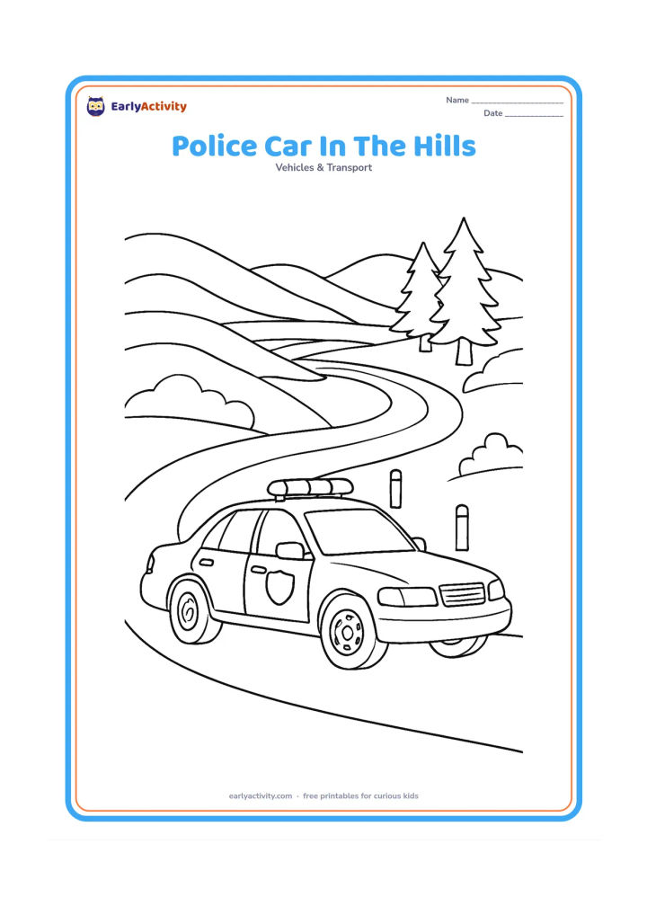 Colouring page: Draw a police car travelling along a winding hill road, shown from the side with detailed wheels, mirrors, roof lights and a plain door badge. Add layered hills, roadside posts with no…