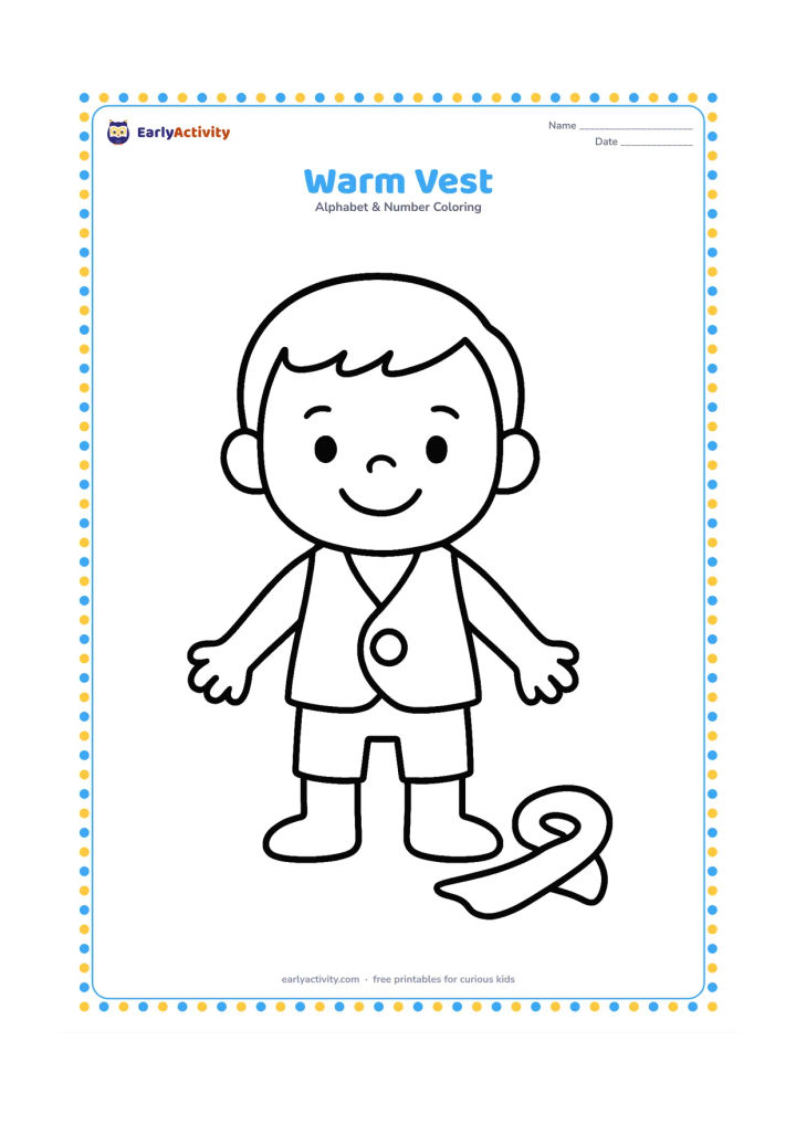 Colouring page: Draw a smiling child wearing a sleeveless vest, standing with arms slightly out so the vest shape is clear. Add one large button and a simple scarf on the ground nearby.