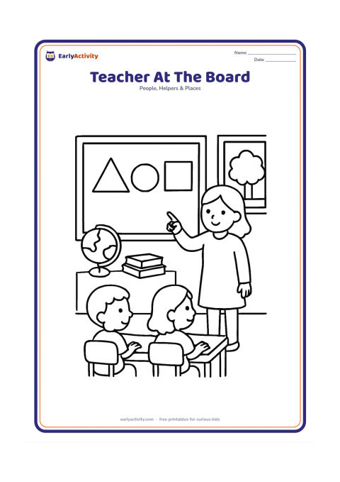 Colouring page: A teacher points to three large simple shapes on a blank classroom board while two children sit at a desk and listen. Add a globe, books and a window showing a tree outside, but leave…