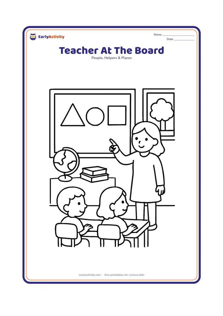 Colouring page: A teacher points to three large simple shapes on a blank classroom board while two children sit at a desk and listen. Add a globe, books and a window showing a tree outside, but leave…