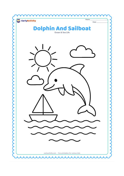 Colouring page: Draw one dolphin jumping beside a small sailboat on calm water, with a large sun and two simple clouds in the sky. Keep the boat and dolphin as the main large shapes.