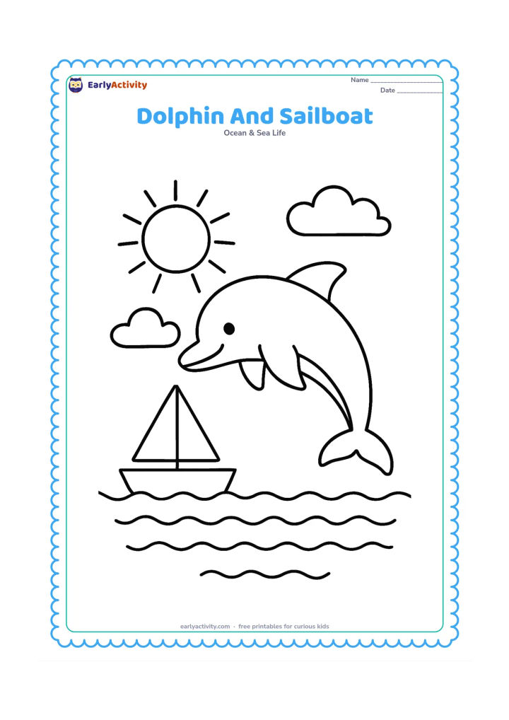 Colouring page: Draw one dolphin jumping beside a small sailboat on calm water, with a large sun and two simple clouds in the sky. Keep the boat and dolphin as the main large shapes.