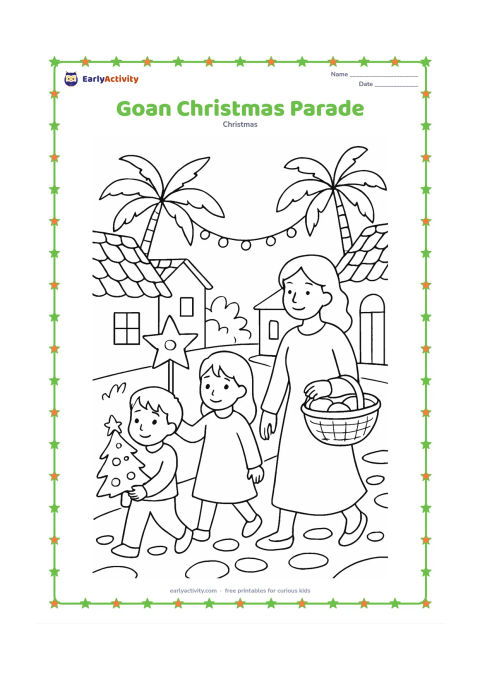 Colouring page: Children walk along a village lane carrying a star lantern and a small decorated tree, while an adult carries a basket of festive food. Include tiled-roof homes, palm trees, and simple…