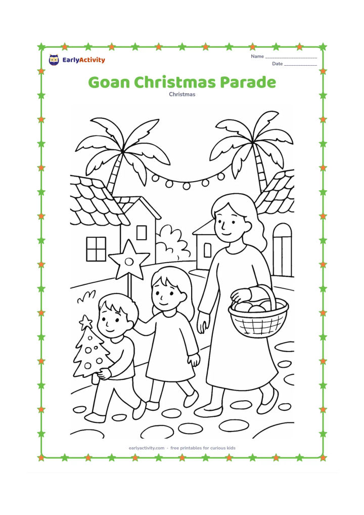Colouring page: Children walk along a village lane carrying a star lantern and a small decorated tree, while an adult carries a basket of festive food. Include tiled-roof homes, palm trees, and simple…