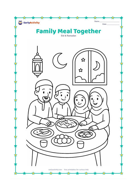 Colouring page: A family sits around a low table sharing an Eid meal with a large serving dish, dates, fruit, cups, and bread. Place a lantern and crescent decoration in the room, with an open window…
