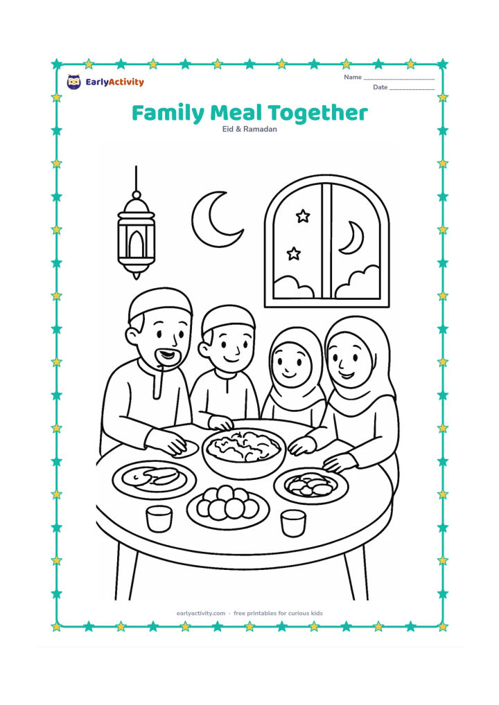 Colouring page: A family sits around a low table sharing an Eid meal with a large serving dish, dates, fruit, cups, and bread. Place a lantern and crescent decoration in the room, with an open window…