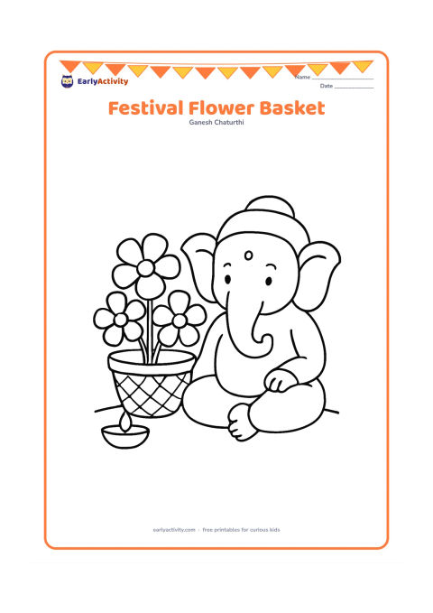 Colouring page: A small basket filled with large flowers sits beside a friendly seated Ganesha. Add one diya and a short curved floor line.