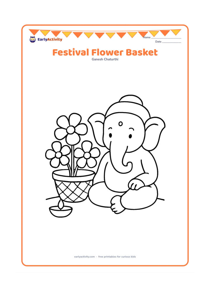 Colouring page: A small basket filled with large flowers sits beside a friendly seated Ganesha. Add one diya and a short curved floor line.