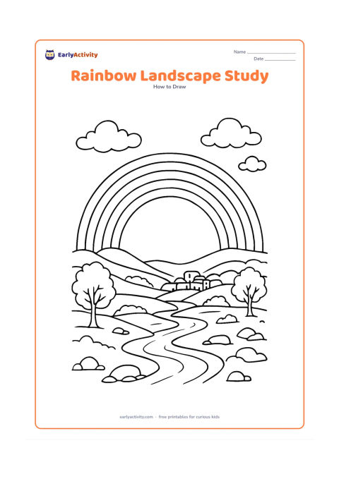Worksheet: A carefully spaced seven-band rainbow spans a detailed landscape of layered hills, a winding stream, trees, rocks and a distant Indian village with flat-roofed homes. Include clouds with…