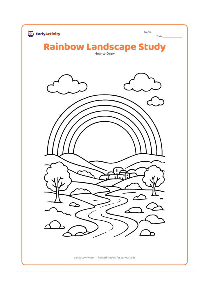 Worksheet: A carefully spaced seven-band rainbow spans a detailed landscape of layered hills, a winding stream, trees, rocks and a distant Indian village with flat-roofed homes. Include clouds with…