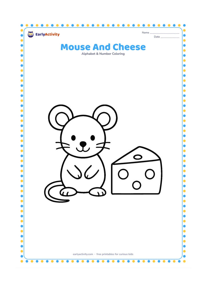 Colouring page: Draw a small friendly mouse sitting beside one large wedge of cheese, with rounded ears, whiskers and a simple floor line. Leave generous space between the mouse and cheese.