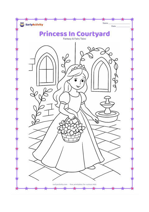 Colouring page: Draw a princess walking through a palace courtyard while carrying a basket of flowers. Include arched windows, paving stones, climbing vines, and a small fountain.