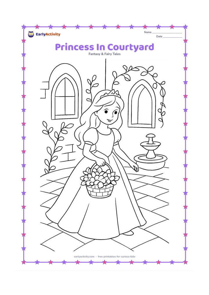 Colouring page: Draw a princess walking through a palace courtyard while carrying a basket of flowers. Include arched windows, paving stones, climbing vines, and a small fountain.