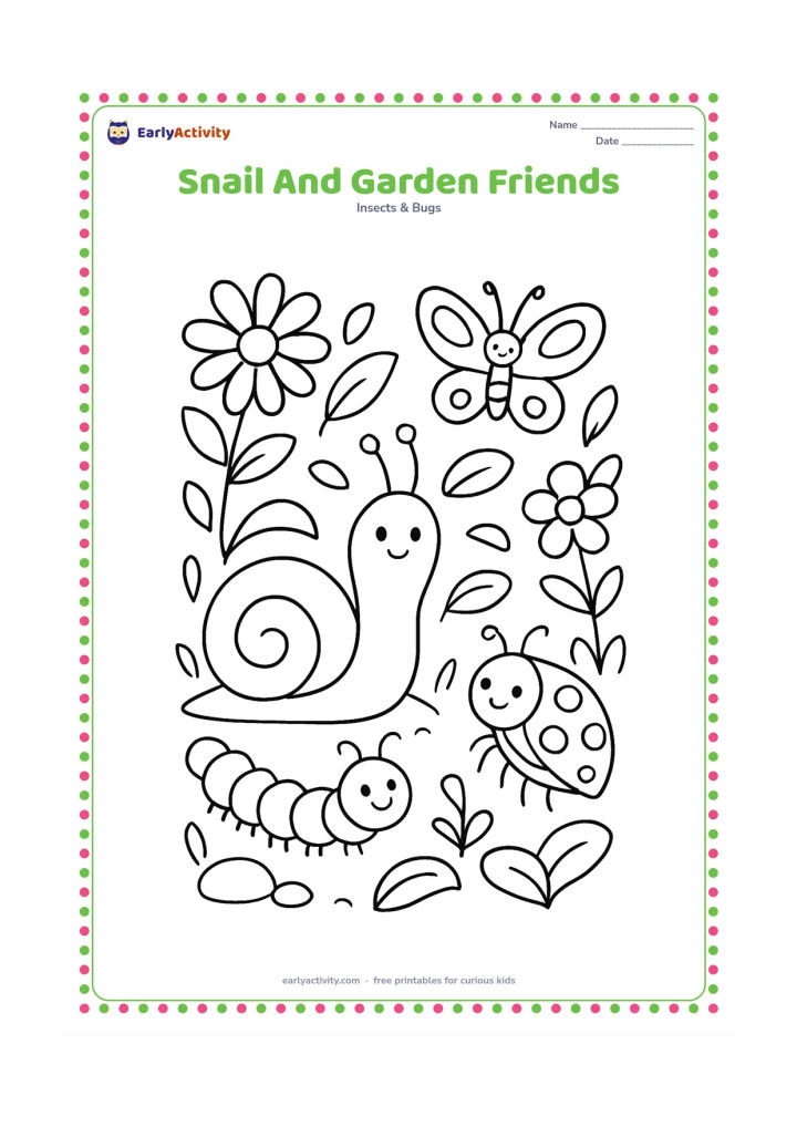 Colouring page: Draw a central snail sharing a leafy garden patch with a caterpillar, ladybug and small butterfly, surrounded by flowers, stones and curled leaves. Keep every creature friendly and…