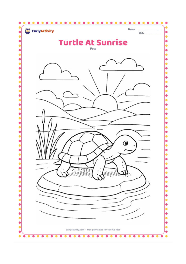 Colouring page: A pet turtle climbs from a shallow pond onto a basking stone at sunrise. Include layered hills, reeds, water ripples, soft clouds and long morning shadows.