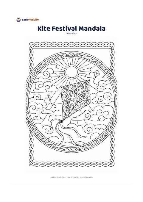 Colouring page: Show a diamond-shaped kite at the centre of a circular sky mandala with a curling tail, clouds, sun rays, small distant kites, and repeating ribbon borders. Suggest a breezy afternoon…