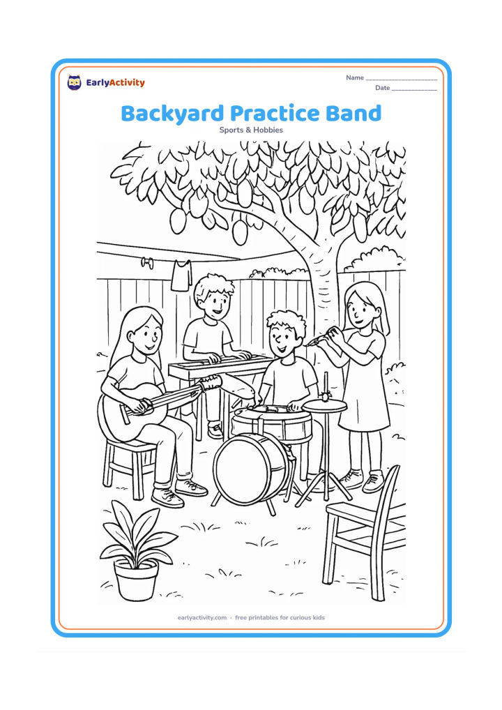 Colouring page: Four friends rehearse in a backyard with guitar, keyboard, drum set and flute. Include a mango tree, garden chairs, potted plants, a clothesline and late-afternoon shadows.