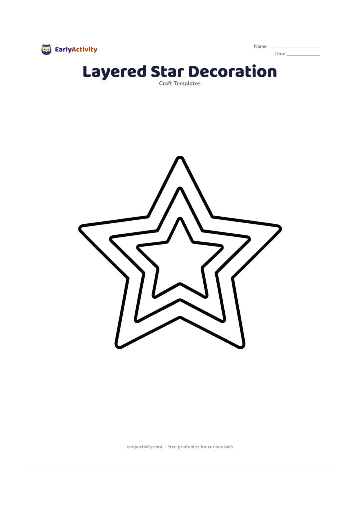 Worksheet: Show three separate star outlines nested from largest to smallest, each slightly offset so the layers can be cut from different papers and stacked. Leave each star interior blank.