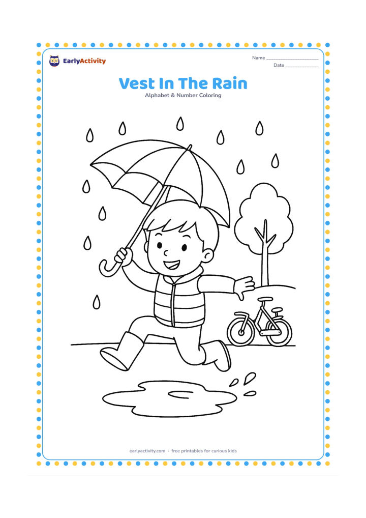 Colouring page: Draw a child wearing a vest and rain boots, jumping over a small puddle while holding an umbrella. Add raindrops, a street tree, and a parked bicycle in the background.