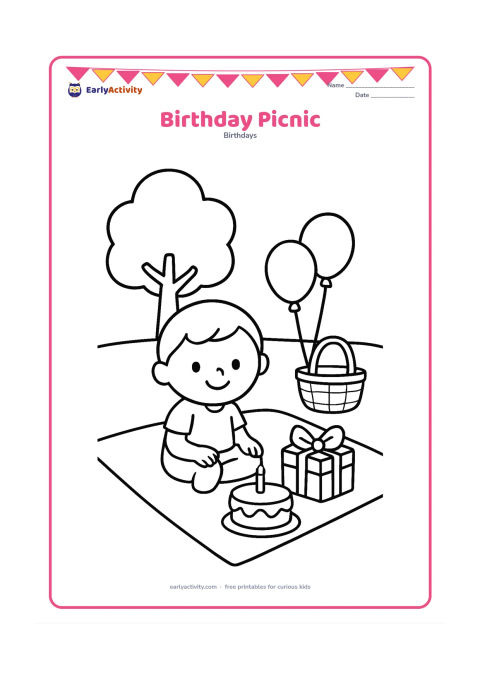 Colouring page: A child sits on a simple picnic blanket beside a cake, a wrapped gift and two balloons tied to a small basket. Add one tree with a broad canopy in the distance.