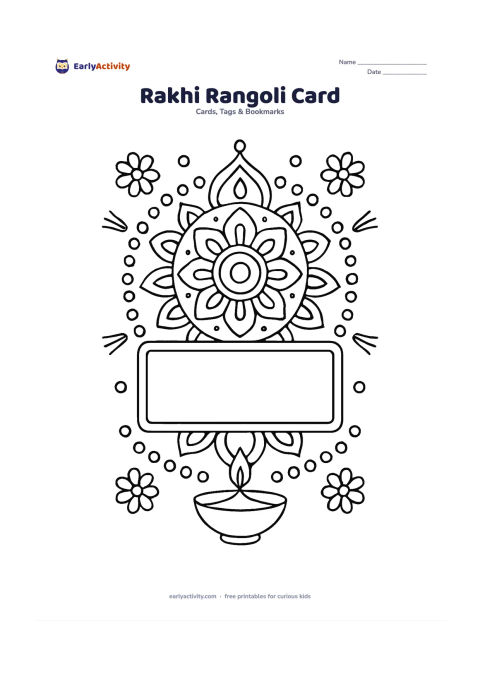 Worksheet: Create a large symmetrical geometric rangoli shaped like a rakhi medallion, surrounded by beads, flowers, and short thread lines, with a wide blank centre panel for a message. Add a…