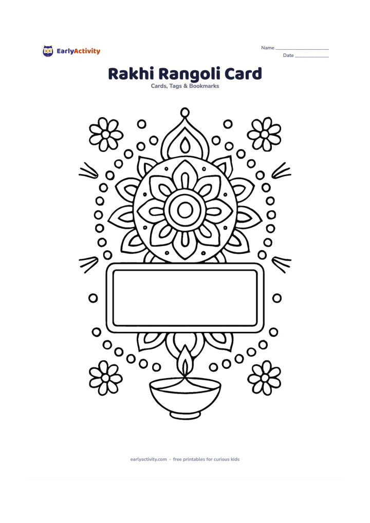 Worksheet: Create a large symmetrical geometric rangoli shaped like a rakhi medallion, surrounded by beads, flowers, and short thread lines, with a wide blank centre panel for a message. Add a…