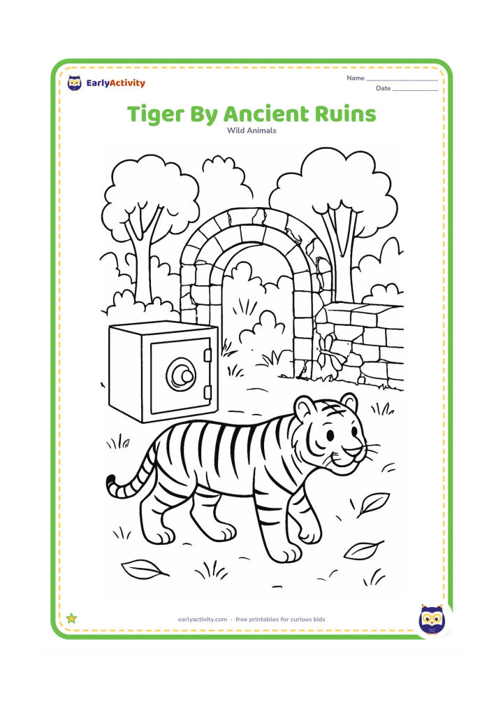 Colouring page: A tiger walks past a safe, open stone arch and low weathered walls partly covered with vines. Add forest trees, grass, and a few fallen leaves around the Indian ruin setting.