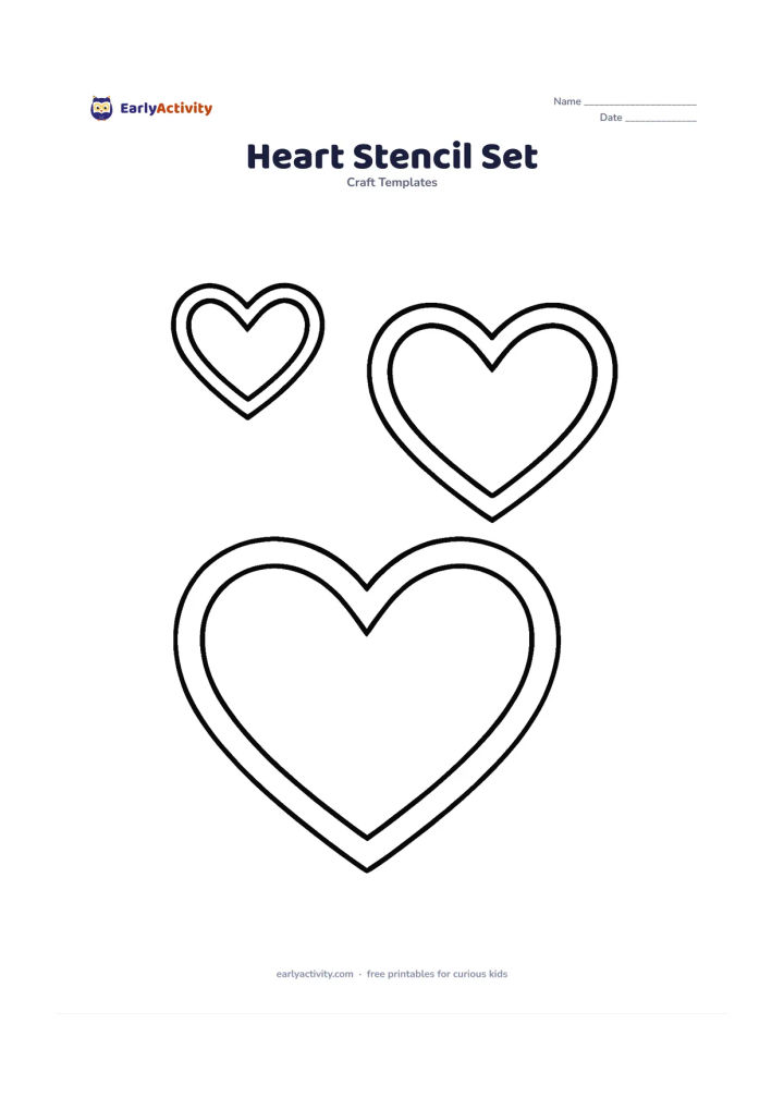 Worksheet: Arrange three heart stencils in small, medium and large sizes, each with a thick double outline and an empty centre. Place them separately on the page for tracing, arranging and collage…