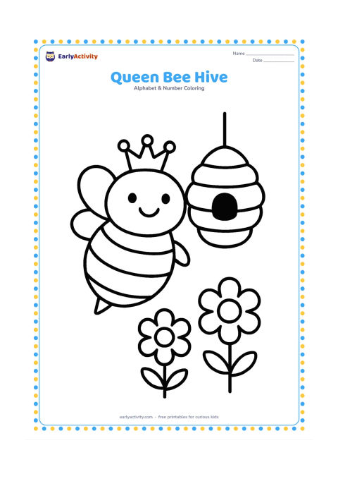 Colouring page: A large queen bee with a rounded body and small crown-like head marking hovers beside a simple hanging honeycomb hive. Include two small flowers below.