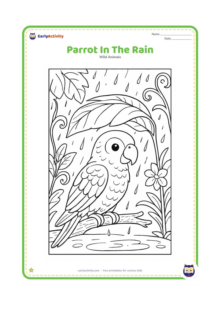 Colouring page: A parrot shelters beneath a large tropical leaf during a shower, while raindrops fall around it. Include layered leaves, curling vines, flowers, wet branch texture, and a small puddle below.