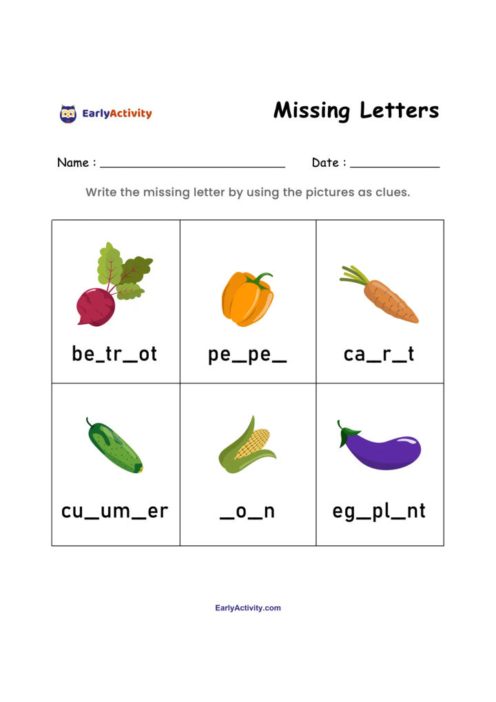 Worksheet with six vegetable pictures and incomplete words for beetroot, pumpkin, carrot, cucumber, corn and eggplant.