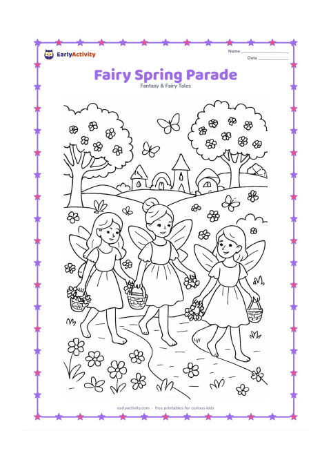 Colouring page: Three fairies walk through a spring meadow carrying flower garlands and small baskets. Add a winding path, flowering trees, butterflies, a distant hill and several different fairy homes.