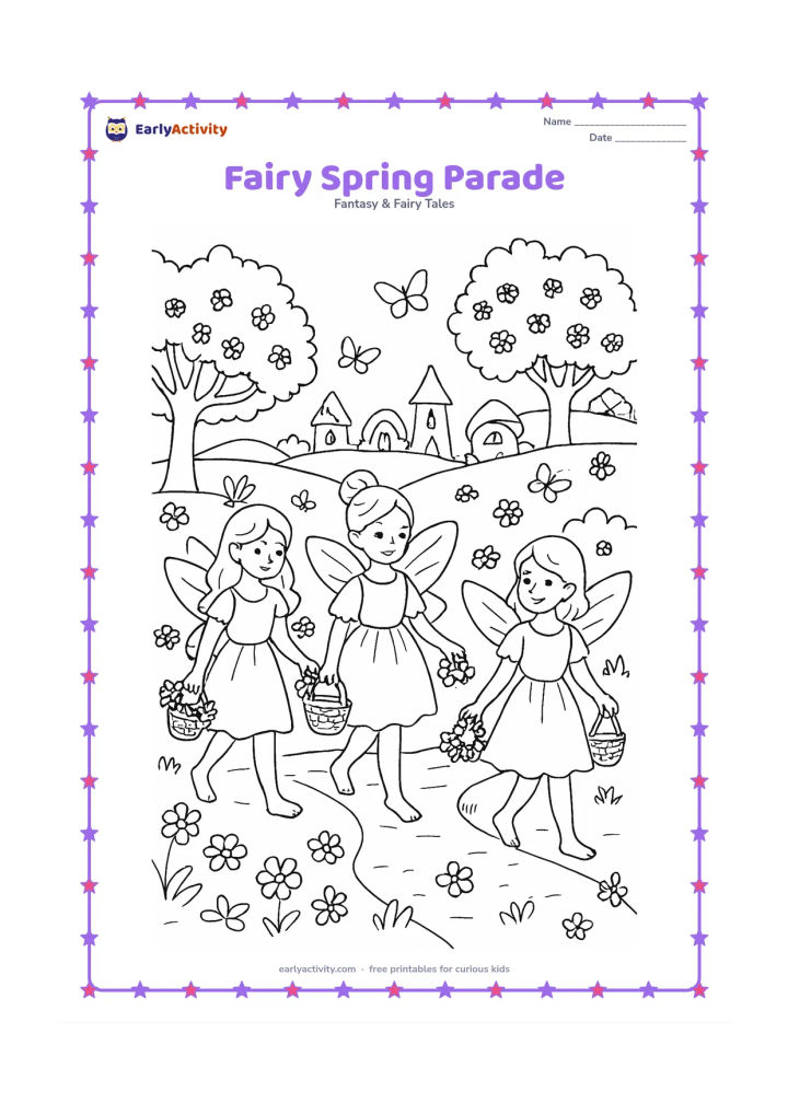 Colouring page: Three fairies walk through a spring meadow carrying flower garlands and small baskets. Add a winding path, flowering trees, butterflies, a distant hill and several different fairy homes.