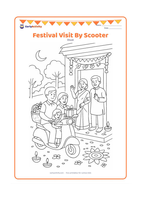 Colouring page: A family arrives at relatives' home on a scooter carrying a basket of sweets and gifts, while relatives welcome them at a decorated entrance. Include diyas, a toran, flower petals, a…