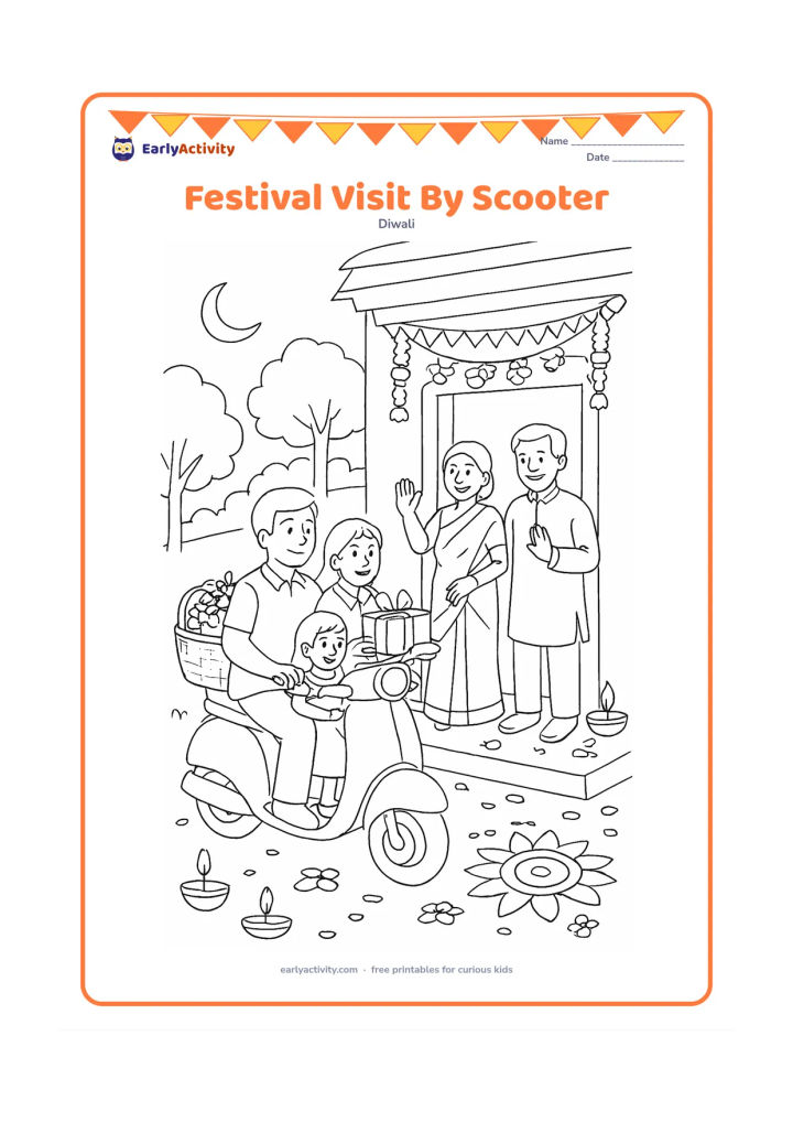 Colouring page: A family arrives at relatives' home on a scooter carrying a basket of sweets and gifts, while relatives welcome them at a decorated entrance. Include diyas, a toran, flower petals, a…