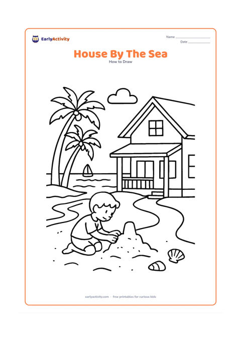 Worksheet: Draw a coastal house with a sloping roof, wide windows, a shaded veranda and a small balcony, set beside a beach with palm trees, shells, gentle waves and a boat far offshore. Add a…