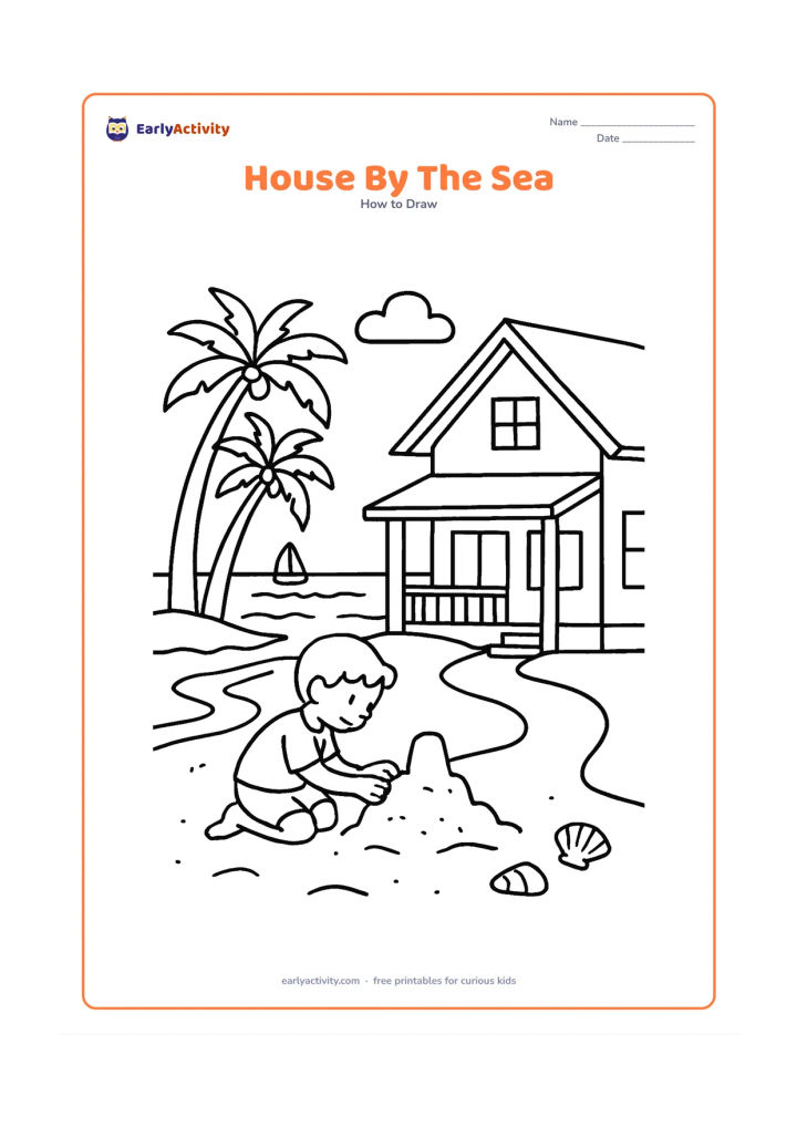 Worksheet: Draw a coastal house with a sloping roof, wide windows, a shaded veranda and a small balcony, set beside a beach with palm trees, shells, gentle waves and a boat far offshore. Add a…