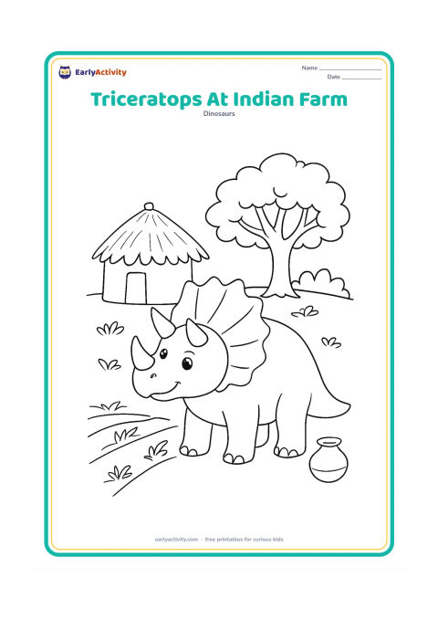 Colouring page: A friendly triceratops stands beside a simple Indian village farm scene with a thatched hut, a few crop rows, a clay pot, and a broad neem-like tree. Keep the prehistoric dinosaur…