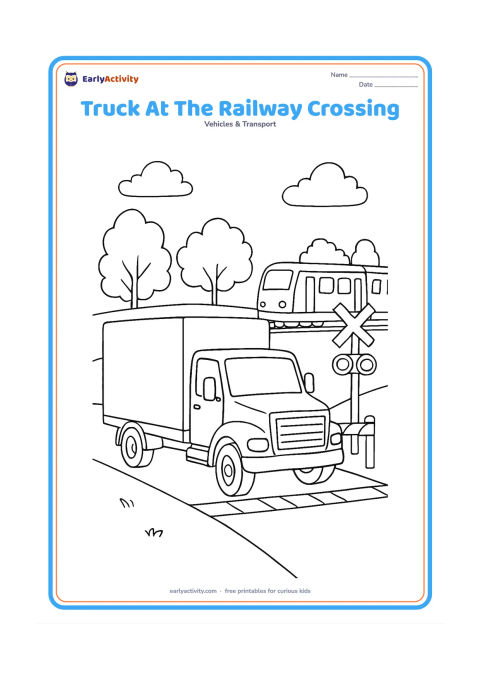 Colouring page: A box truck waits at a railway crossing while a train passes in the background, with crossing barriers, trees and a small road. The truck should be the largest subject and face the…