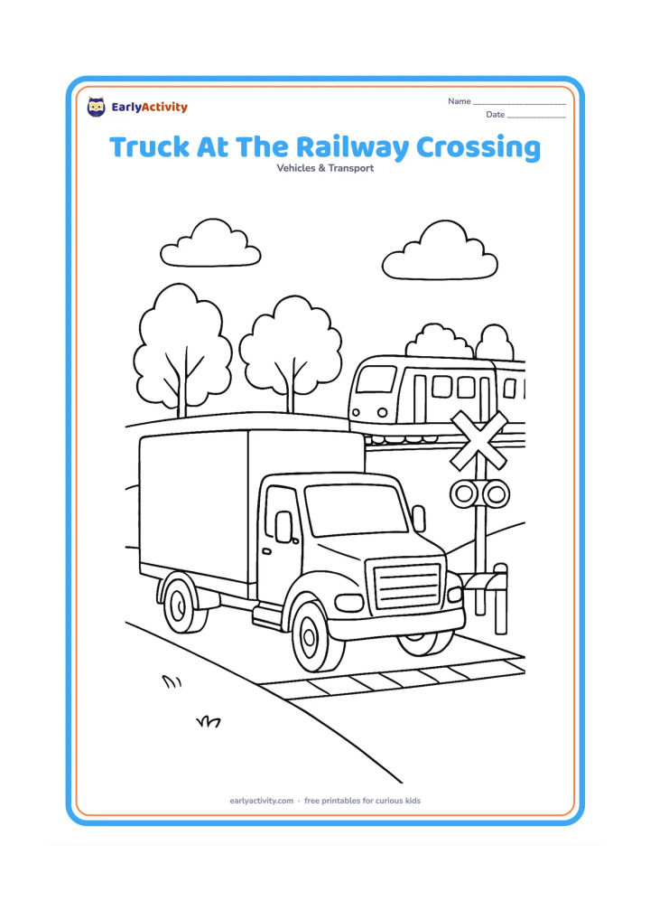 Colouring page: A box truck waits at a railway crossing while a train passes in the background, with crossing barriers, trees and a small road. The truck should be the largest subject and face the…