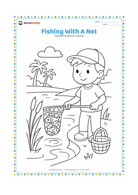 Colouring page: Draw a fisher standing at the edge of a calm pond and pulling up a small net containing a few fish. Include reeds, water ripples, a basket, and distant palm trees.