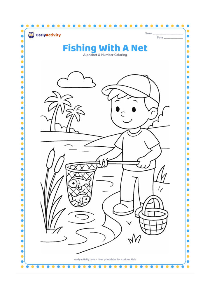 Colouring page: Draw a fisher standing at the edge of a calm pond and pulling up a small net containing a few fish. Include reeds, water ripples, a basket, and distant palm trees.