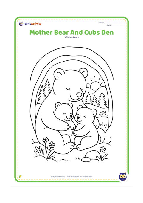 Colouring page: A mother bear cuddles two cubs inside a spacious den opening, with a forest view outside showing pine trees, rocks, wildflowers, and morning light.