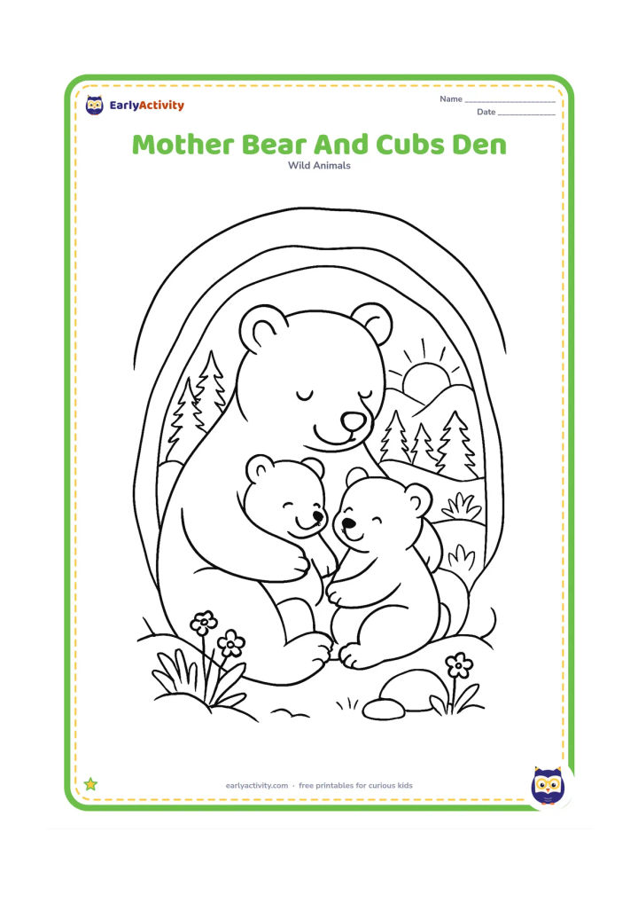 Colouring page: A mother bear cuddles two cubs inside a spacious den opening, with a forest view outside showing pine trees, rocks, wildflowers, and morning light.