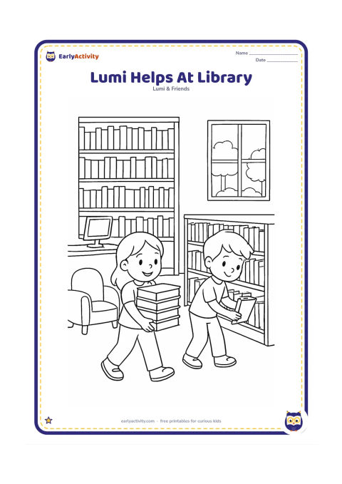 Colouring page: Lumi carries a stack of plain books to a library shelf while a classmate returns another book to a lower shelf. Show rows of books, a checkout desk, a reading chair and a large window.