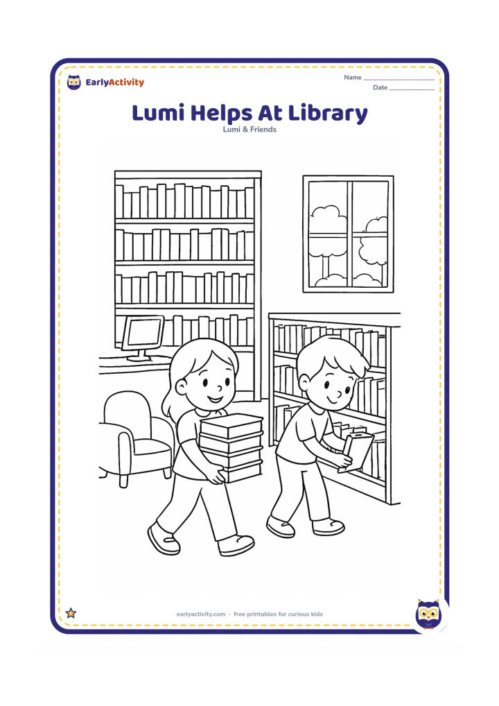Colouring page: Lumi carries a stack of plain books to a library shelf while a classmate returns another book to a lower shelf. Show rows of books, a checkout desk, a reading chair and a large window.