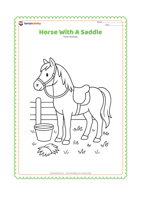 Colouring page: A side-view horse stands near a fence wearing a plain saddle and a simple bridle. Add a bucket, a small hay bundle and several tufts of grass around its feet.