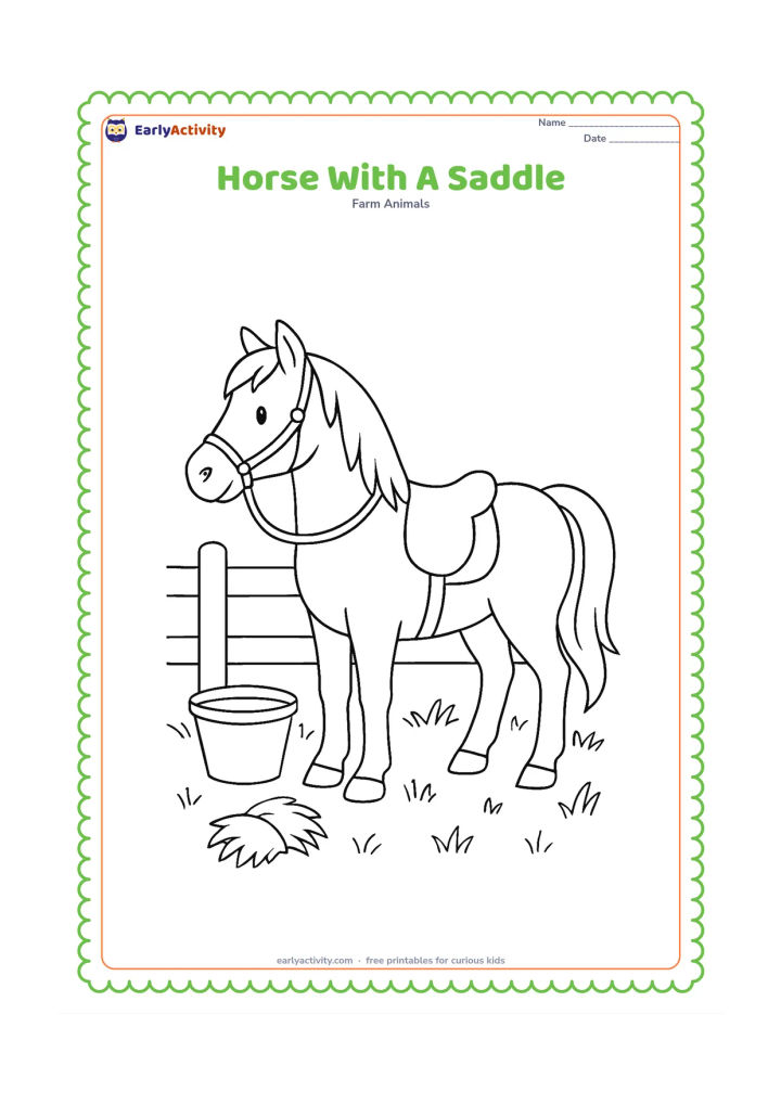 Colouring page: A side-view horse stands near a fence wearing a plain saddle and a simple bridle. Add a bucket, a small hay bundle and several tufts of grass around its feet.